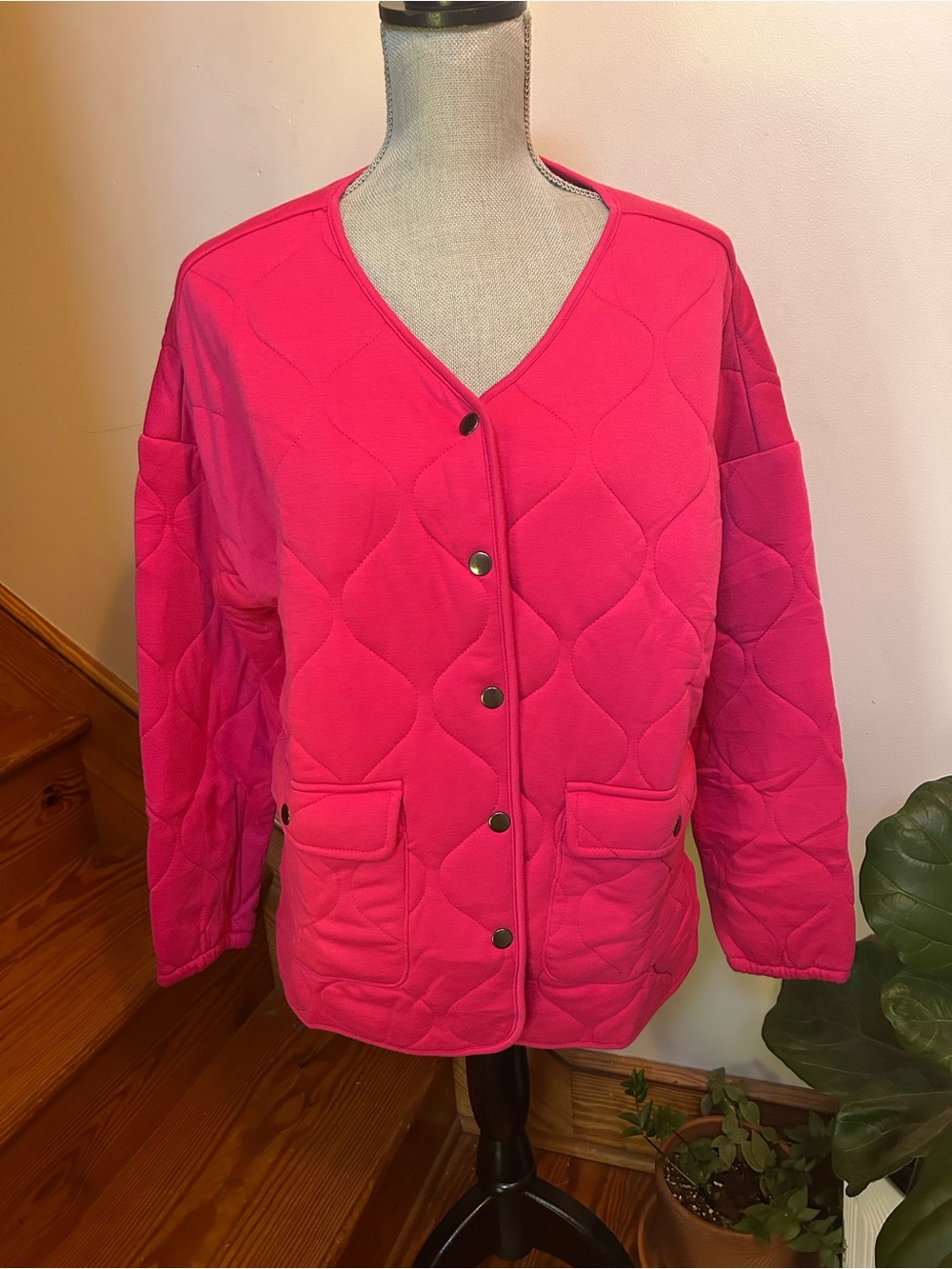 bobeau Hot Pink Quilted Snap-Front Puffer Jacket